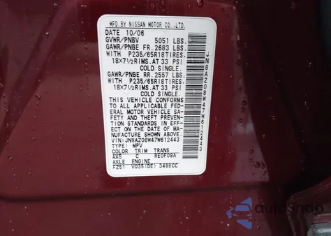 2007 Nissan Murano S from USA, damaged, VIN JN8AZ08W47W612443